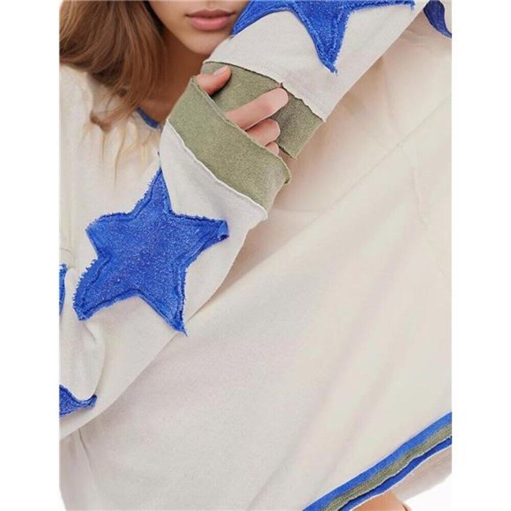 Oversized Cotton Pullover – Lightweight Long Sleeve Crewneck Shirt White & Blue - Picture 4 of 6